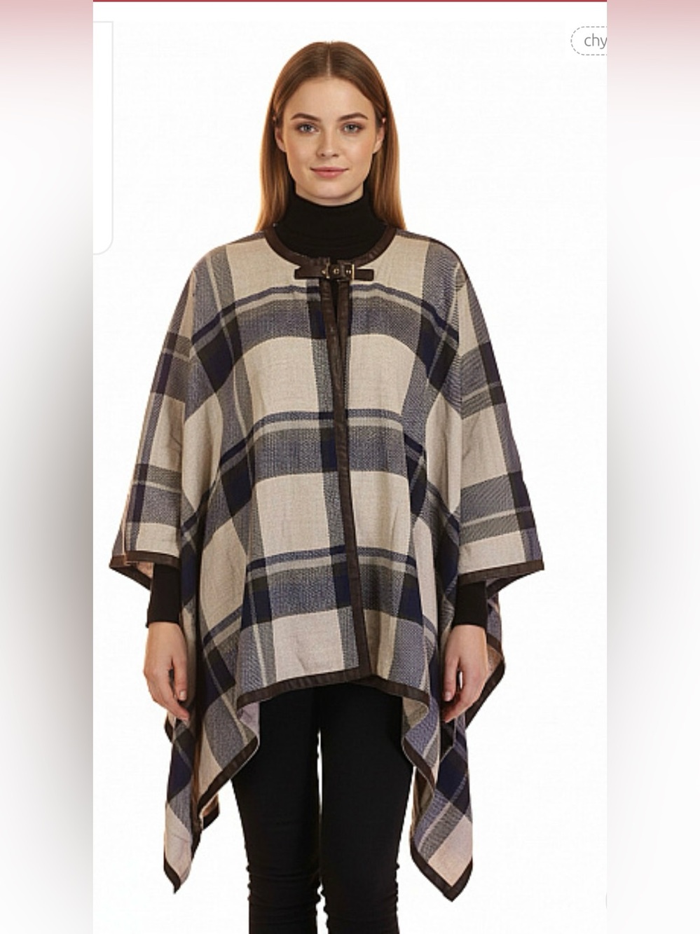 H&M Plaid Open-Front Poncho in Beige and Navy, brown one size